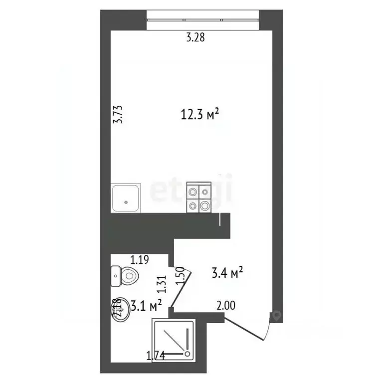 Студия Тюменская область, Тюмень ул. Лесопарковая, 1к2 (18.8 м) - Фото 2