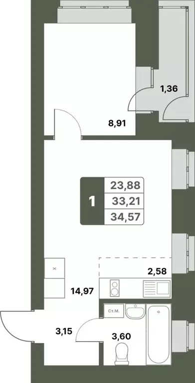 1-к кв. Башкортостан, Уфимский район, с. Миловка  (34.57 м) - Фото 1