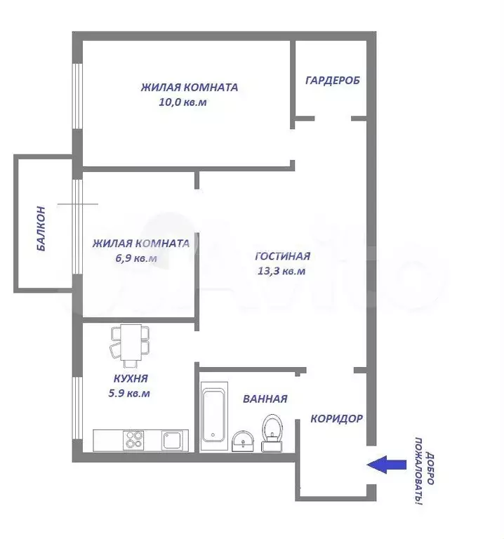 3-к. квартира, 43,7 м, 2/5 эт. - Фото 0