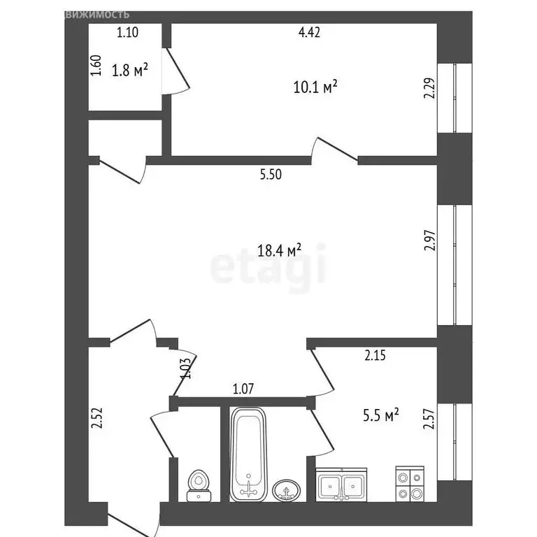 2-комнатная квартира: Тюмень, улица Жуковского, 26 (42.6 м) - Фото 1