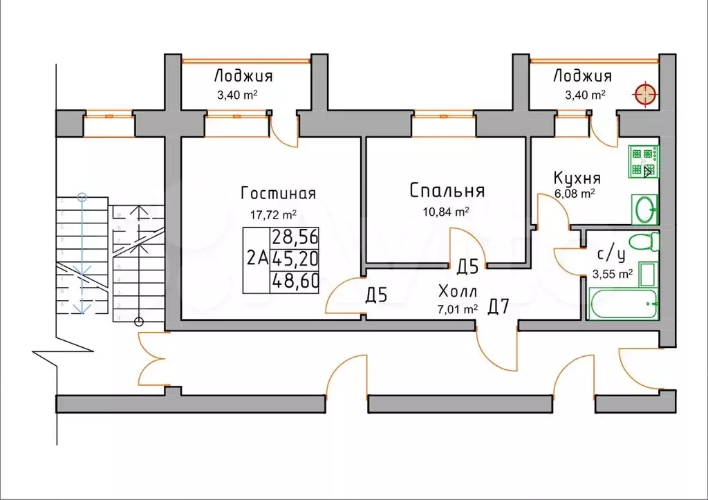 2-к. квартира, 48,6 м, 4/4 эт. - Фото 0