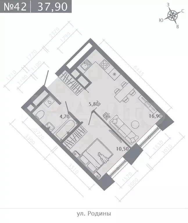 1-к. квартира, 37,9 м, 6/23 эт. - Фото 0