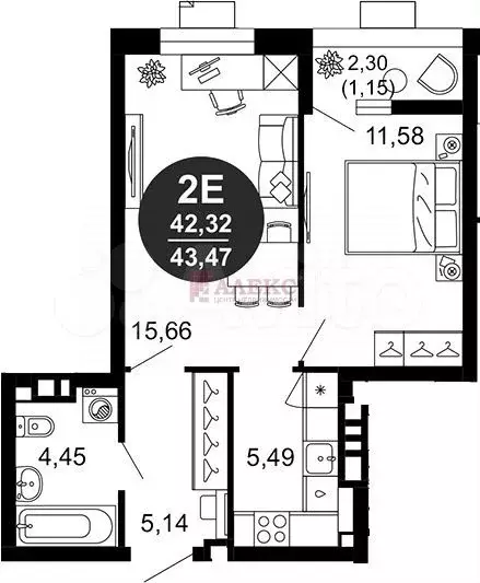 2-к. квартира, 42,3 м, 8/10 эт. - Фото 1