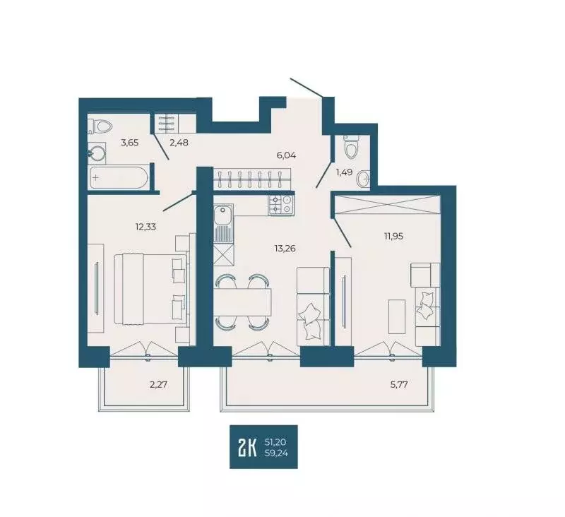 2-комнатная квартира: Пенза, Тепличная улица, 55 (59.24 м) - Фото 1