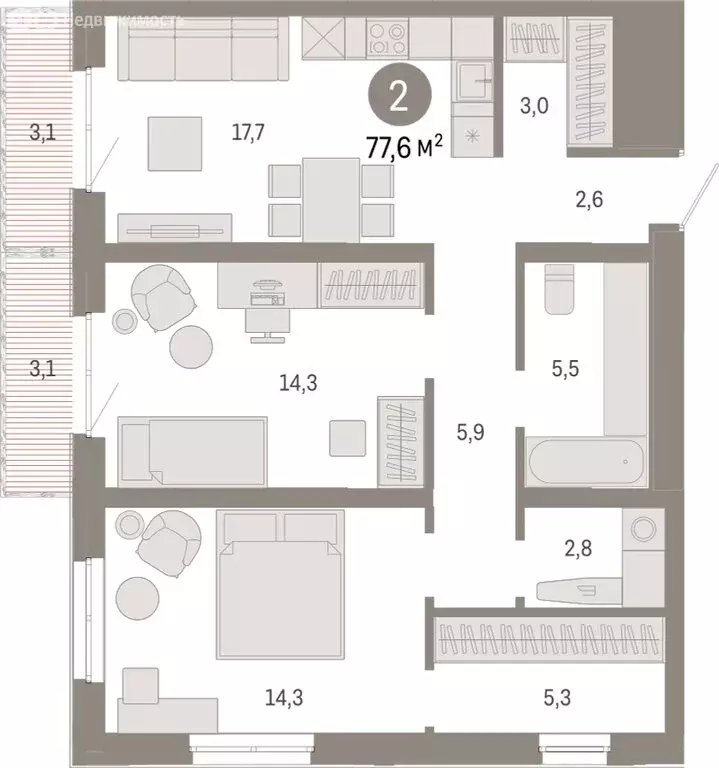 2-комнатная квартира: Екатеринбург, улица Советских Женщин (77.5 м) - Фото 1