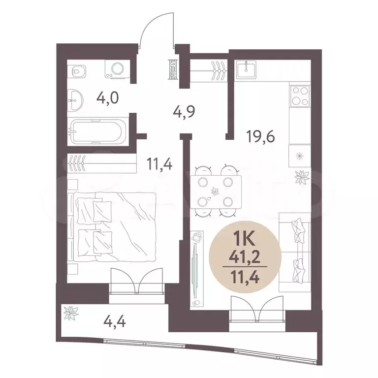 1-к. квартира, 41,2 м, 1/7 эт. - Фото 1