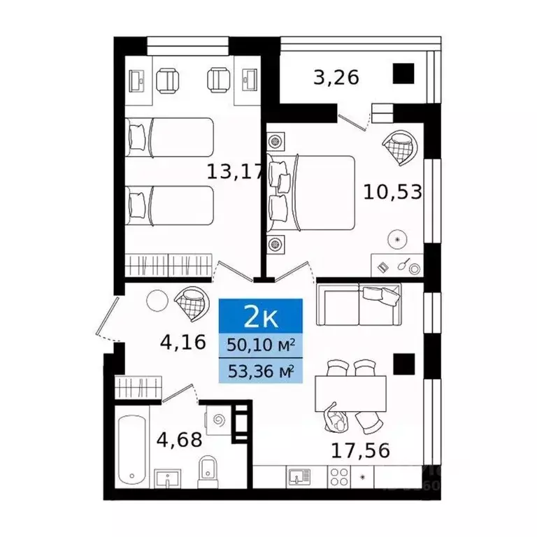 2-к кв. Курганская область, Курган просп. Конституции (53.36 м) - Фото 0