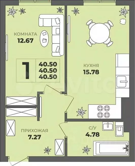 1-к. квартира, 40,5 м, 1/8 эт. - Фото 1