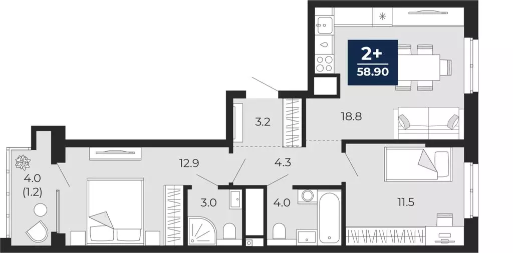 2-комнатная квартира: Тюмень, проезд Капитана Куликова, 7 (61.7 м) - Фото 0