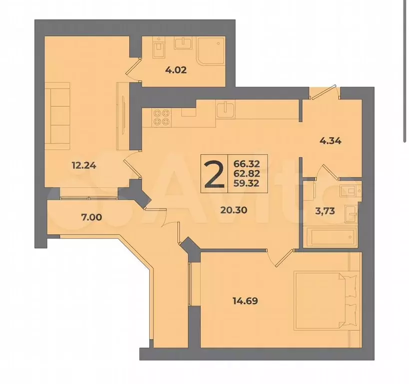 2-к. квартира, 66,3 м, 2/8 эт. - Фото 1