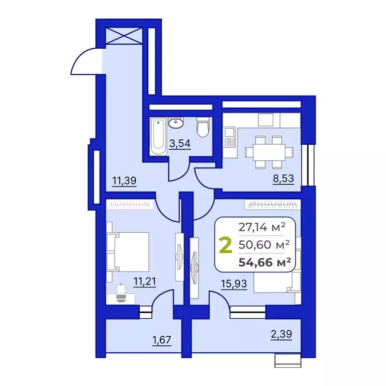 2-комнатная квартира: Уфа, Айская улица, 49 (54.8 м) - Фото 1