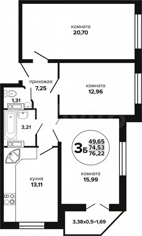 3-к. квартира, 76,2 м, 20/24 эт. - Фото 1