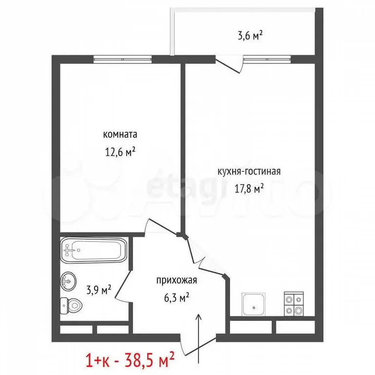 1-к. квартира, 38,5 м, 5/8 эт. - Фото 1