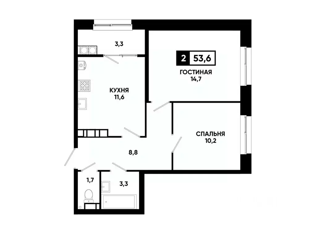 2-к кв. Ставропольский край, Ставрополь ул. Андрея Голуба, 12к8 (53.6 ... - Фото 0