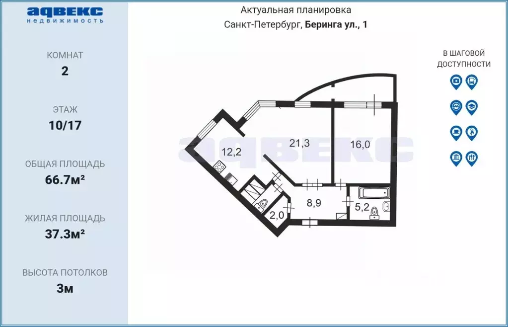 2-к кв. Санкт-Петербург ул. Беринга, 1 (66.7 м) - Фото 2