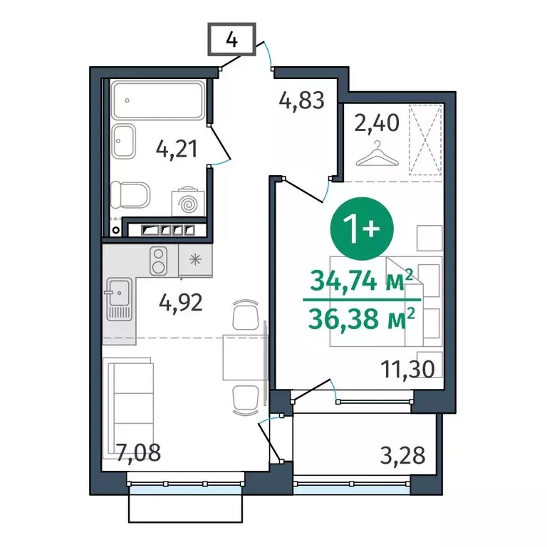 1-комнатная квартира: Тюмень, улица Тимофея Кармацкого, 17 (34.72 м) - Фото 0