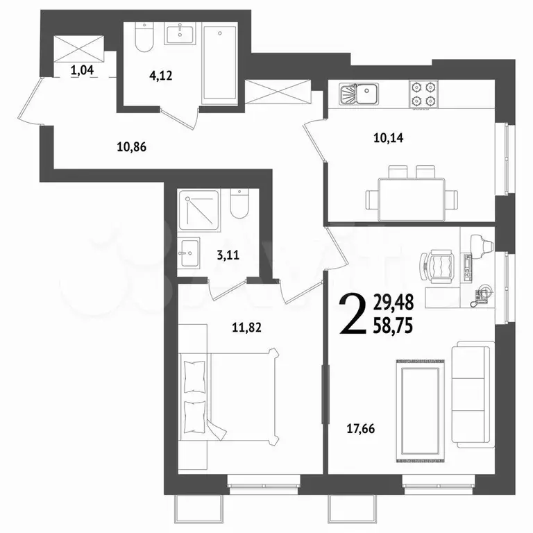2-к. квартира, 58,5 м, 21/25 эт. - Фото 1