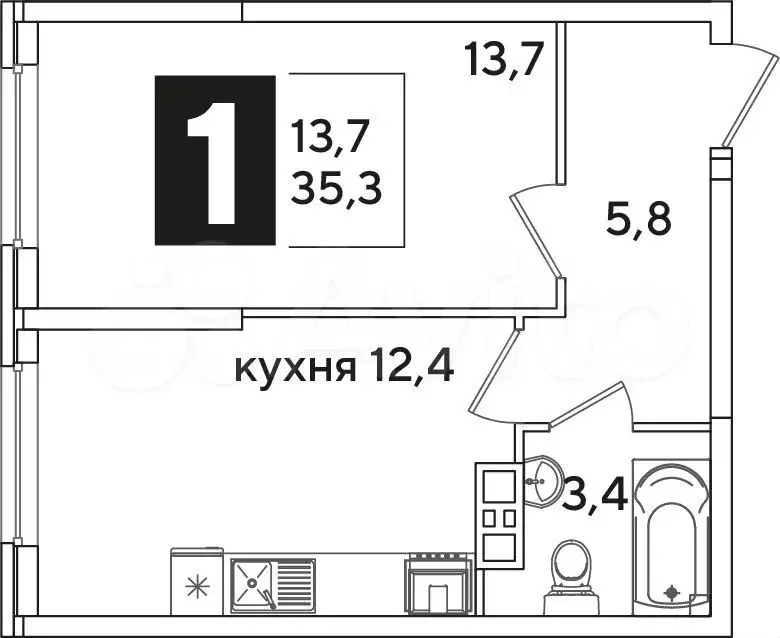 1-к. квартира, 35,3 м, 7/16 эт. - Фото 1