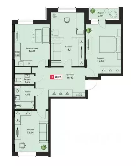 3-к кв. Тверская область, Тверь Оснабрюкская ул., 22 (90.26 м) - Фото 2