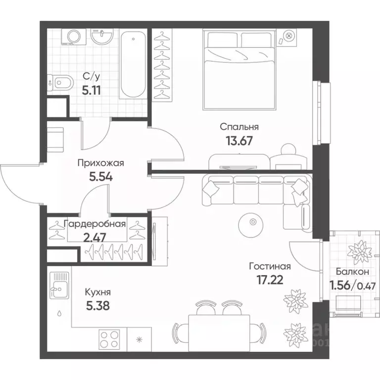 2-к кв. Татарстан, Казань Счастье в Казани жилой комплекс (49.86 м) - Фото 1