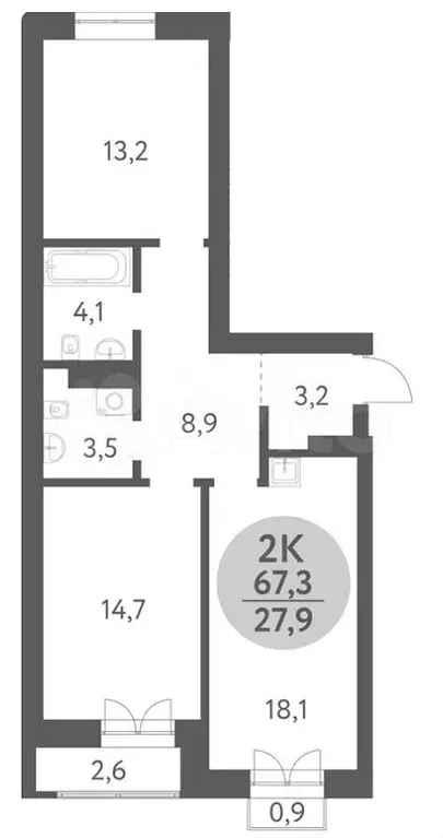 2-к. квартира, 67,3 м, 2/9 эт. - Фото 0