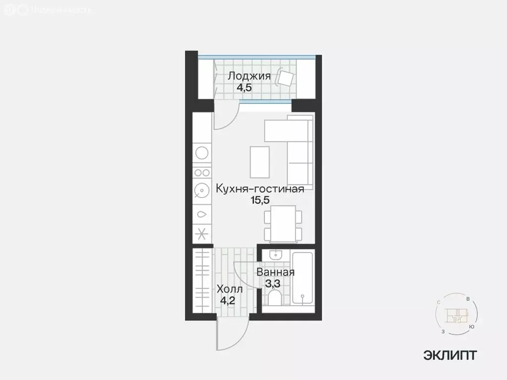 1-комнатная квартира: Тюмень, улица Игоря Комиссарова, 4 (25.24 м) - Фото 1