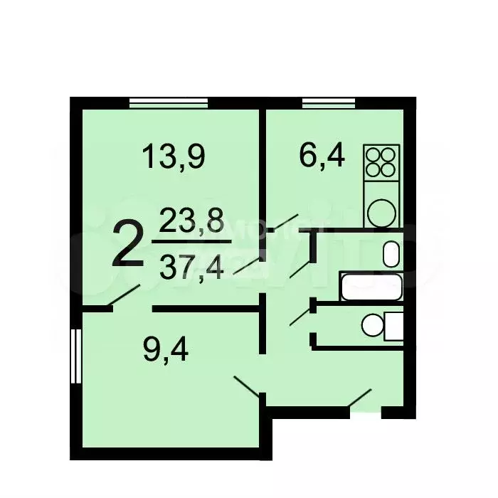 2-к. квартира, 37 м, 2/12 эт. - Фото 0