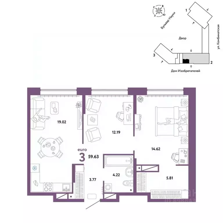 3-к кв. Тюменская область, Тюмень Комбинатская ул., 16к1 (59.63 м) - Фото 0