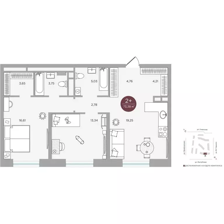 2-комнатная квартира: Тюмень, жилой комплекс Машаров (73.38 м) - Фото 0