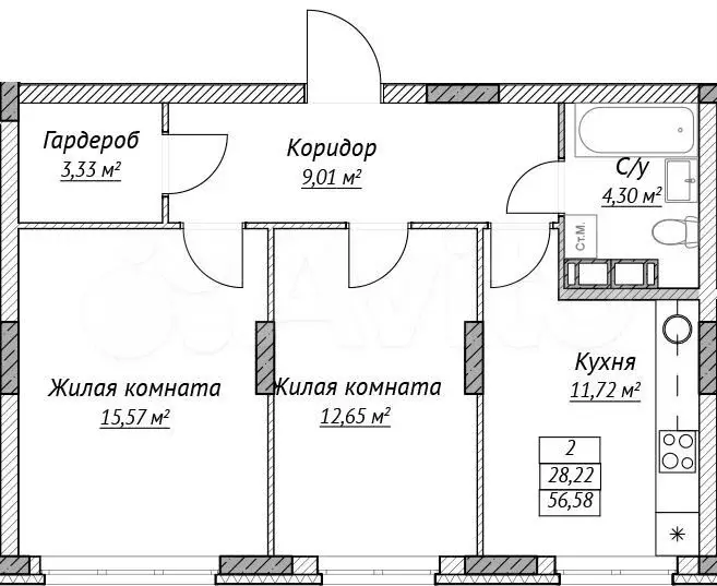 2-к. квартира, 56,6 м, 14/14 эт. - Фото 0