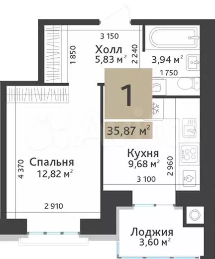 1-к. квартира, 35,9 м, 1/10 эт. - Фото 1