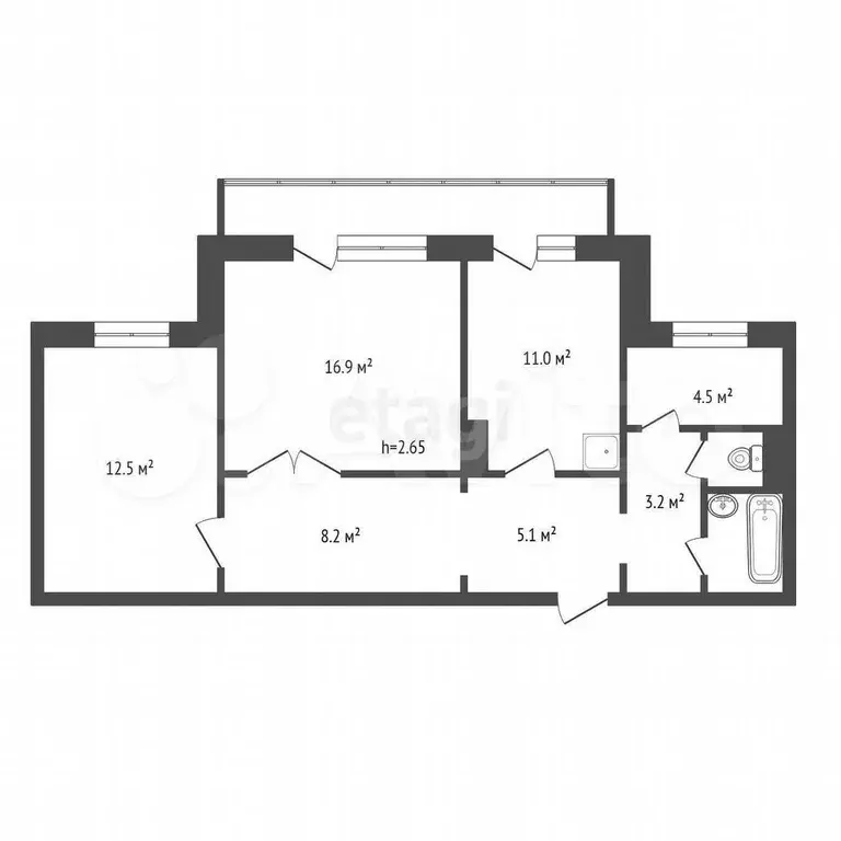 2-к. квартира, 65 м, 2/10 эт. - Фото 1