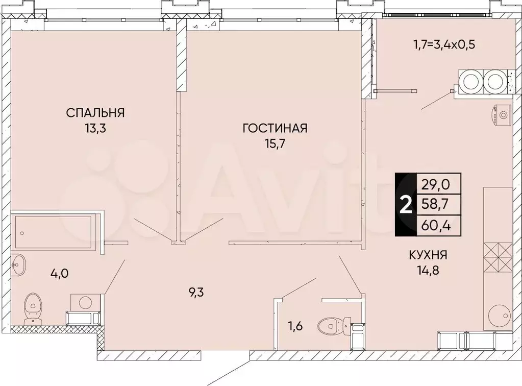 2-к. квартира, 60,4 м, 21/24 эт. - Фото 0