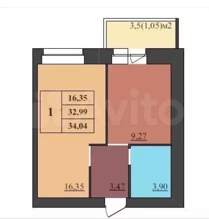 1-к. квартира, 34 м, 9/9 эт. - Фото 0