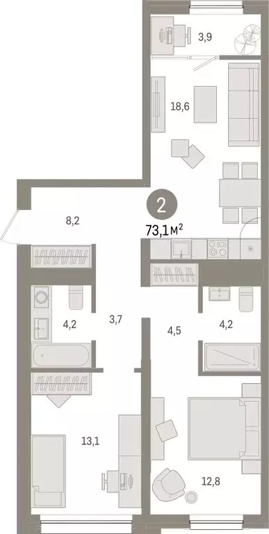 2-комнатная квартира: Тюмень, Мысовская улица, 26к1 (73.08 м) - Фото 1