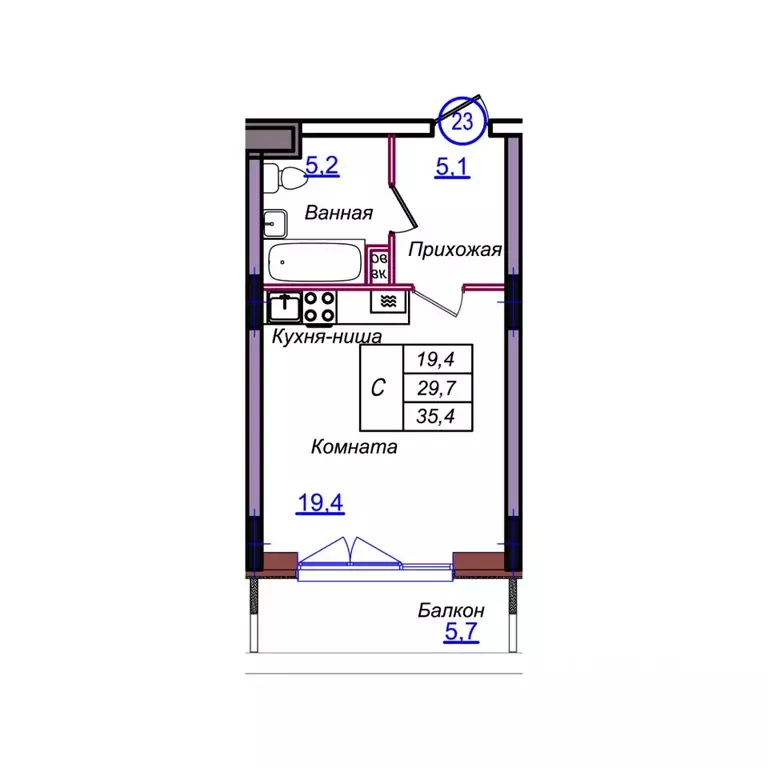 Студия Калининградская область, Светлогорск Балтийская ул. (35.4 м) - Фото 1