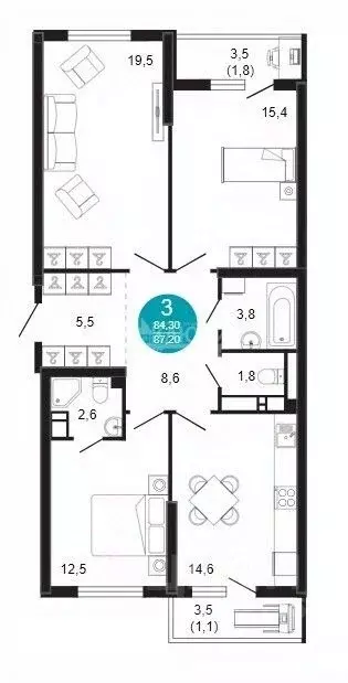 3-к кв. Краснодарский край, Новороссийск ул. Куникова, 47Г (87.2 м) - Фото 1