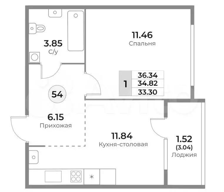 1-к. квартира, 34,8 м, 4/10 эт. - Фото 1