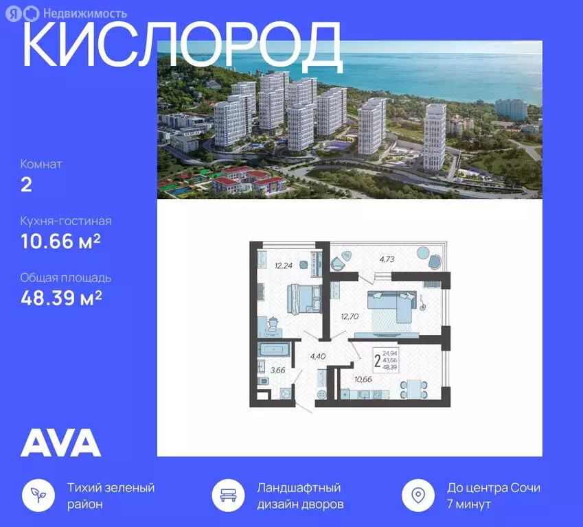 2-комнатная квартира: Сочи, жилой комплекс Кислород (48.39 м) - Фото 0