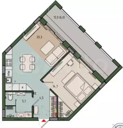 1-к. квартира, 50,7 м, 6/9 эт. - Фото 1