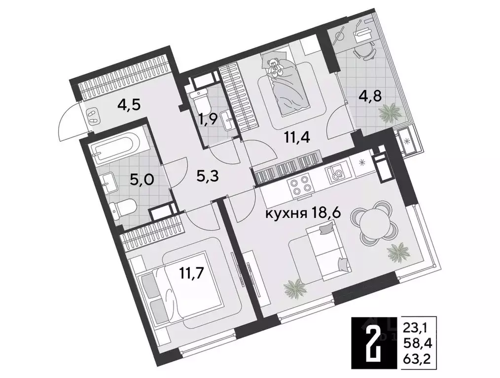 2-к кв. Краснодарский край, Краснодар Парк Победы мкр,  (63.2 м) - Фото 1