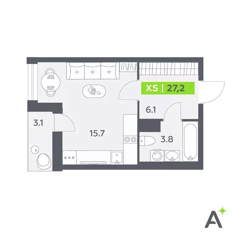 Квартира, студия, 27.2 м - Фото 1