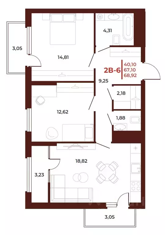 2-к кв. Пензенская область, Пенза Арбери жилой комплекс (68.92 м) - Фото 1