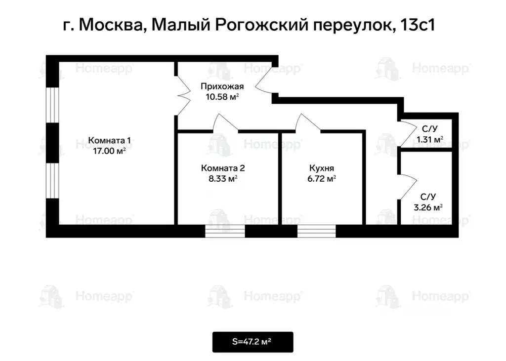 2-к кв. Москва Малый Рогожский пер., 13С1 (47.2 м) - Фото 2
