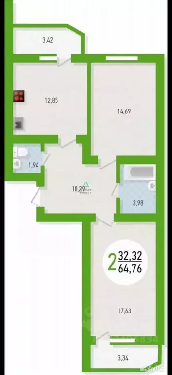 2-к кв. Башкортостан, Уфа Владивостокская ул., 10 (62.2 м) - Фото 2