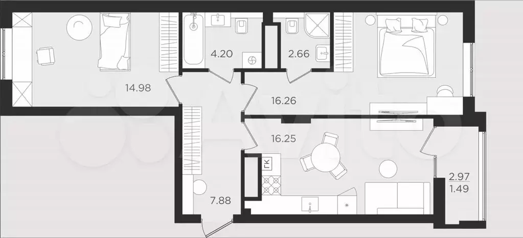 2-к. квартира, 64 м, 6/9 эт. - Фото 1