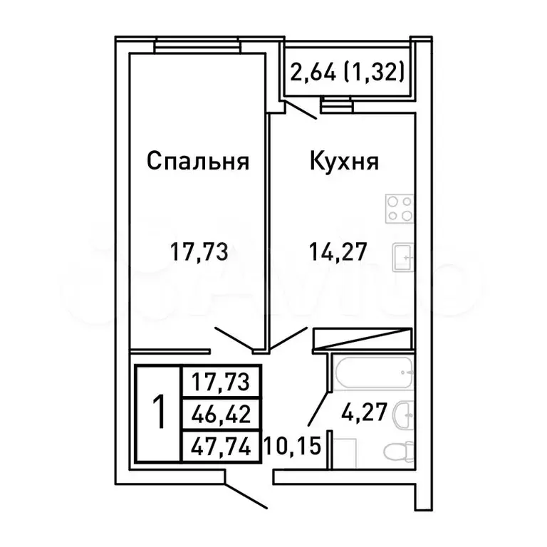 1-к. квартира, 47,7 м, 20/25 эт. - Фото 0