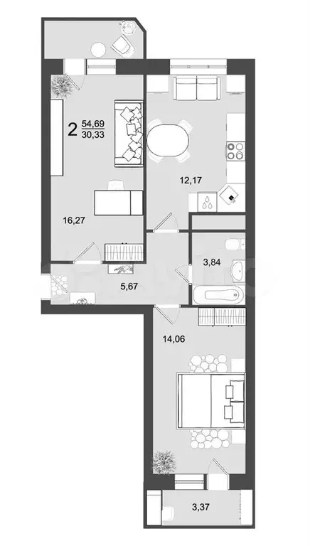 2-к. квартира, 54,7 м, 1/9 эт. - Фото 0