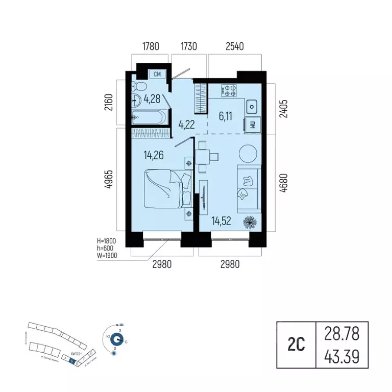 2-к кв. Башкортостан, Уфа Глумилино-1 мкр, Новатор жилой комплекс ... - Фото 1
