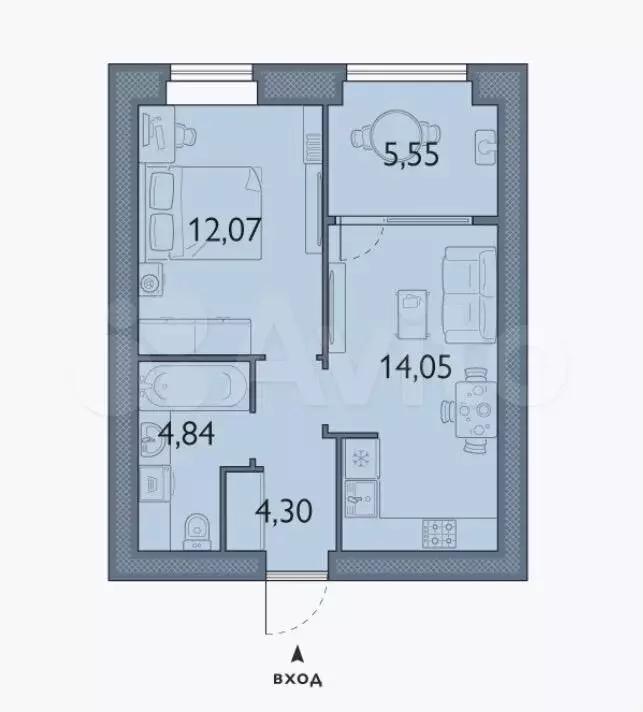 1-к. квартира, 40,8 м, 7/8 эт. - Фото 1